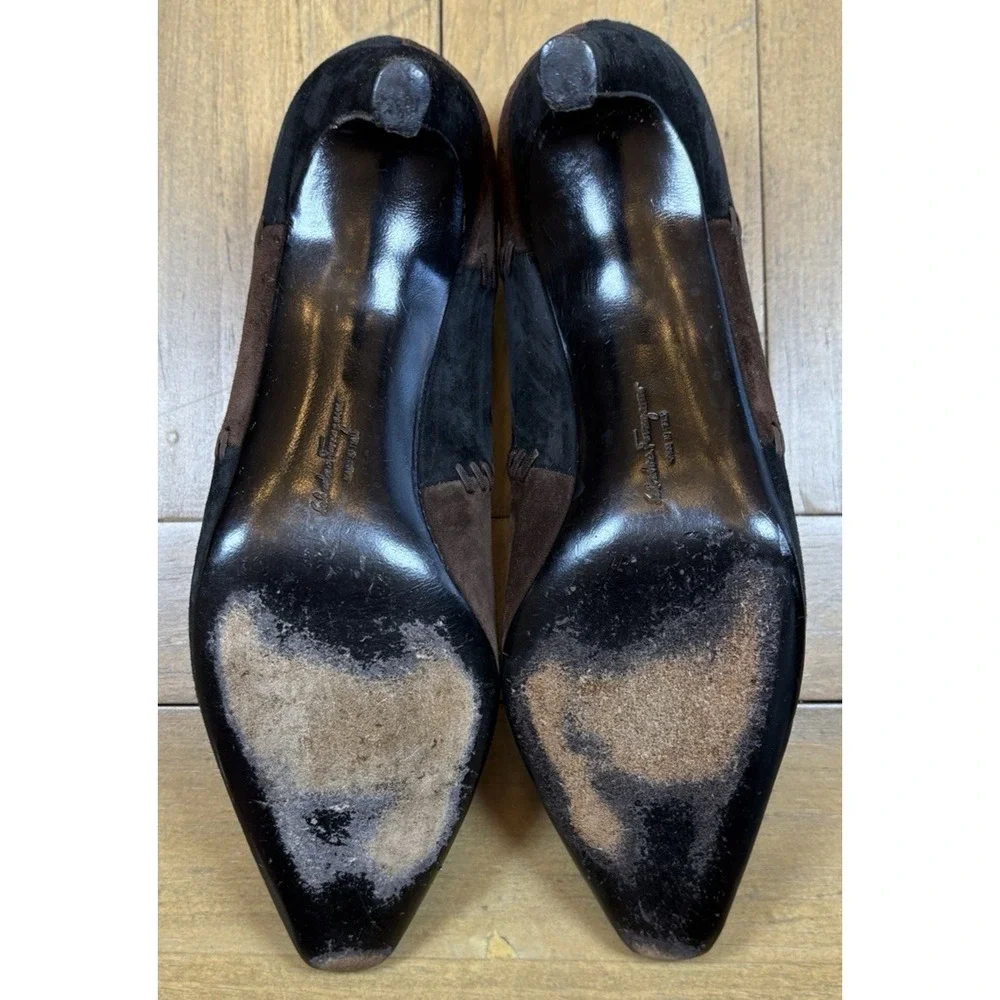 Salvatore Ferragamo Vtg Suede Whipstitch Heels Italy‎ 9.5 Black Brown Patchwork